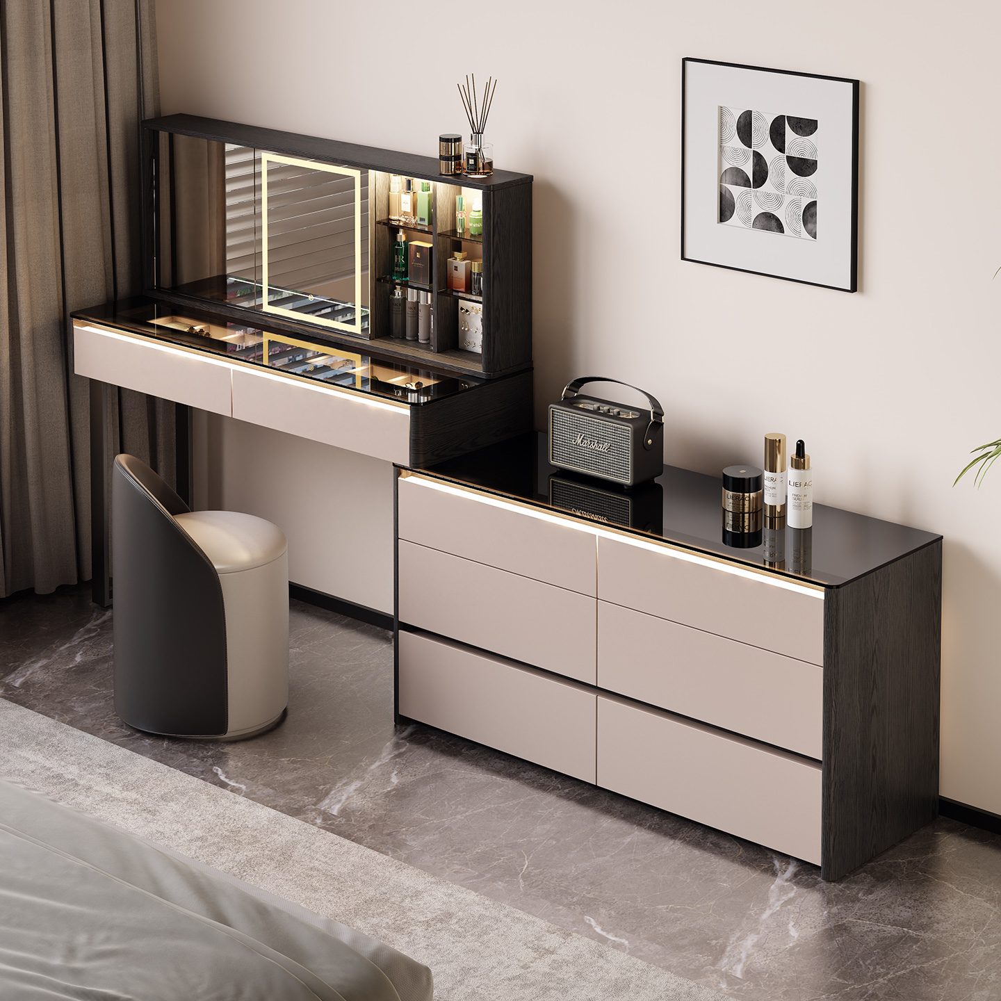 床尾斗柜妆台一体折叠滑动隐藏镜