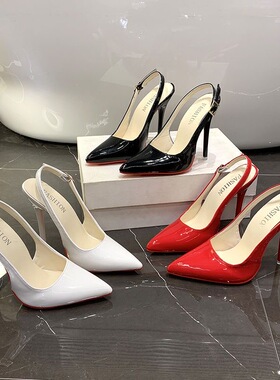 35-46大码 女鞋43细跟12cm红底高跟鞋女44纯欲风尖头一字带凉鞋45