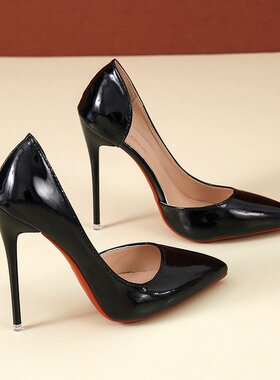 35-45码 大码7-12cm女鞋夜店超高跟鞋白色细跟尖头侧空漆皮单鞋44