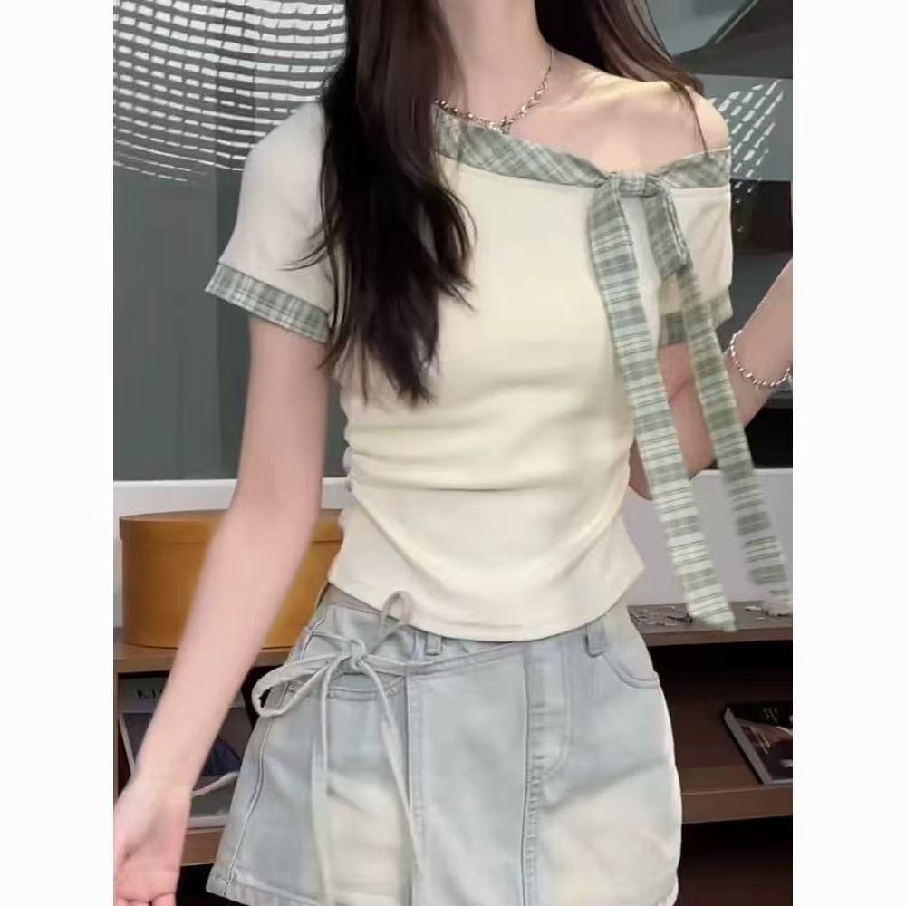 法式甜美风蝴蝶结修身短款上衣女2025夏季新款高级感露肩短袖t恤
