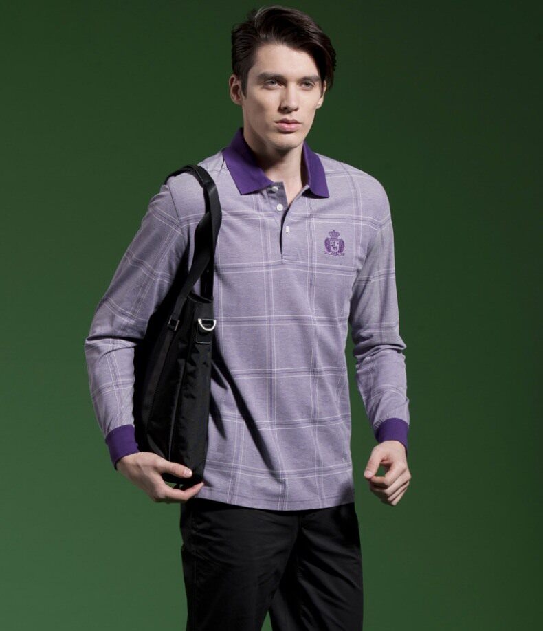 圣大保罗男装专柜正品 新款男士丝光棉提花格子长袖t恤ps11kt006