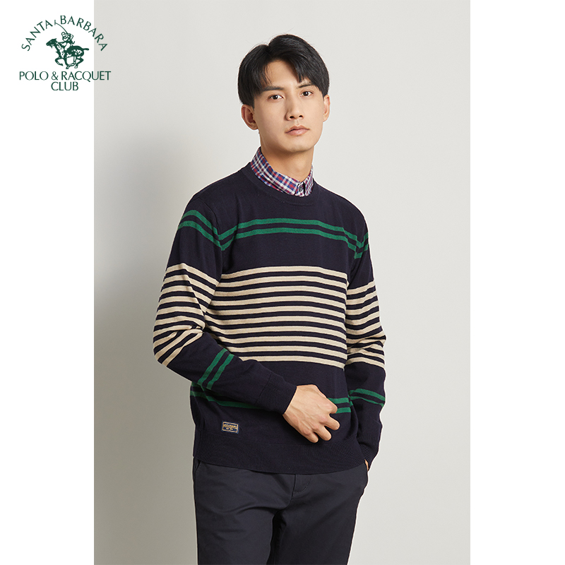 POLO/圣大保罗专柜正品男士毛衣圆领撞色条纹纯羊毛上衣时尚休闲