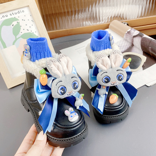 儿童小皮鞋冬季新款公主鞋卡通警官兔女宝高帮鞋软底可爱保暖棉鞋