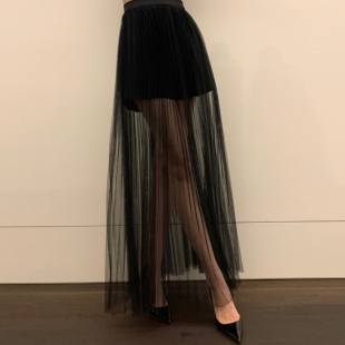 A字百褶气质显瘦高腰透视黑网纱半身裙裤 宛宛大大 佩枪朱丽叶