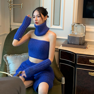 宛宛大大蝶窦花绵羊毛针织三件套五分高腰双口袋真丝内衬毛织裤