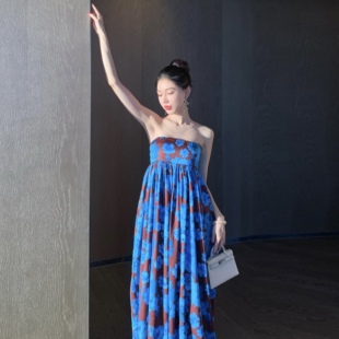 宛宛大大【海尔温修斯】卡布里蓝醋纤印花茧型挂脖抹胸两穿连衣裙