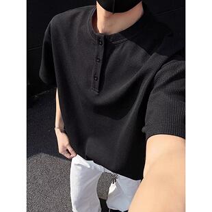 花灰色亨利领短袖t恤男夏季美式华夫格亨利衫cleanfit小领口半袖