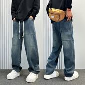 复古蓝加长牛仔裤 青少年潮 2025高个子男生直筒阔腿裤 男款 190秋季