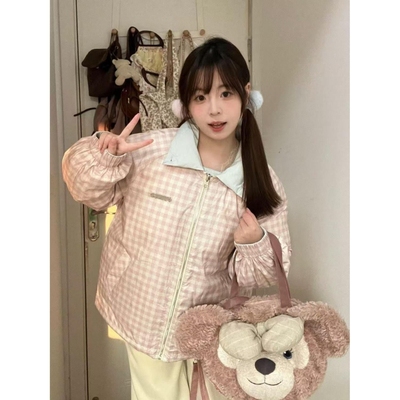 多巴胺甜妹穿搭双面穿棉服女冬季新款粉色格纹拼接撞色外套面包服