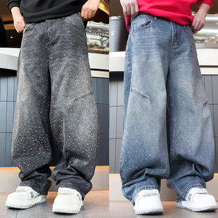 2026春新款时尚复古重工满天星烫钻弯刀阔腿宽松百搭香蕉牛仔裤男
