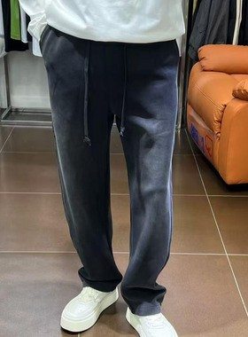 直筒卫裤秋冬新款贴布刺绣美式高街痞帅宽松水洗黑色加绒休闲裤男