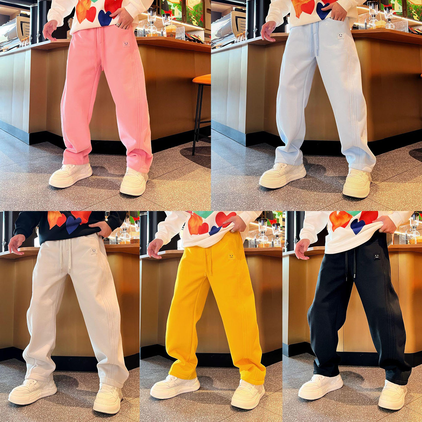 秋冬新款直筒裤简约潮流百搭个性贴布拼接三条杠宽松加绒休闲裤男