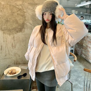 冬季新款甜美学院风小个子加厚保暖粉色立领面包服女宽松百搭棉服