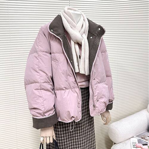 韩系立领粉色短款棉服女2025春季新款加厚保暖面包服小个子外套潮