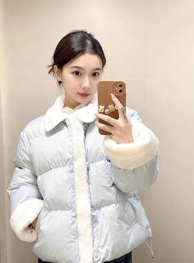 2025蓝色毛毛领拼接羽绒棉服女短款小个子甜美减龄保暖面包服外套