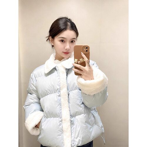 2025蓝色毛毛领拼接羽绒棉服女短款小个子甜美减龄保暖面包服外套