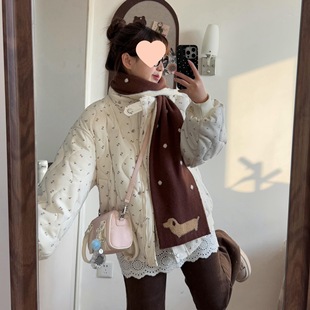 韩版粉色碎花葫芦缝线小个子羽绒棉服立领扣子女款2025新款外套