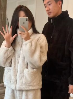 情侣款家居服两件套女加厚双面北极绒慵懒风外穿睡衣休闲保暖套装