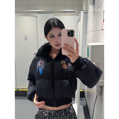 美式羊羔毛翻领显瘦短款棉衣外套冬季小个子加厚保暖棉服面包服女