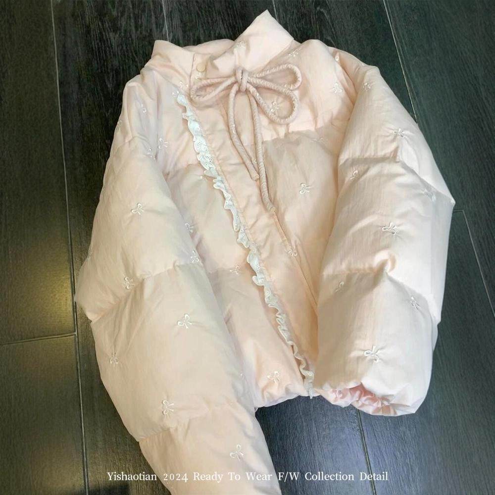 刺绣蝴蝶结蕾丝拼接小个子棉服外套女2025年新款冬季高级感棉衣女