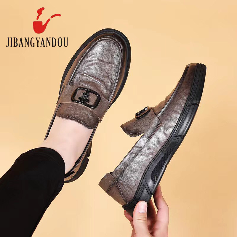 吉邦烟斗男鞋新款男士真皮头层羊皮休闲皮鞋英伦圆头豆豆鞋男鞋