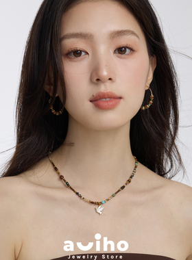 aviho 贝母飞鸽 天然虎眼石串珠项链小众美拉德锁骨复古叠戴毛衣