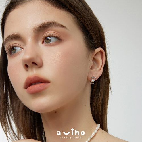 aviho 轻奢高级设计工字镶嵌人造珍珠耳扣耳环耳钉法式小香风气质