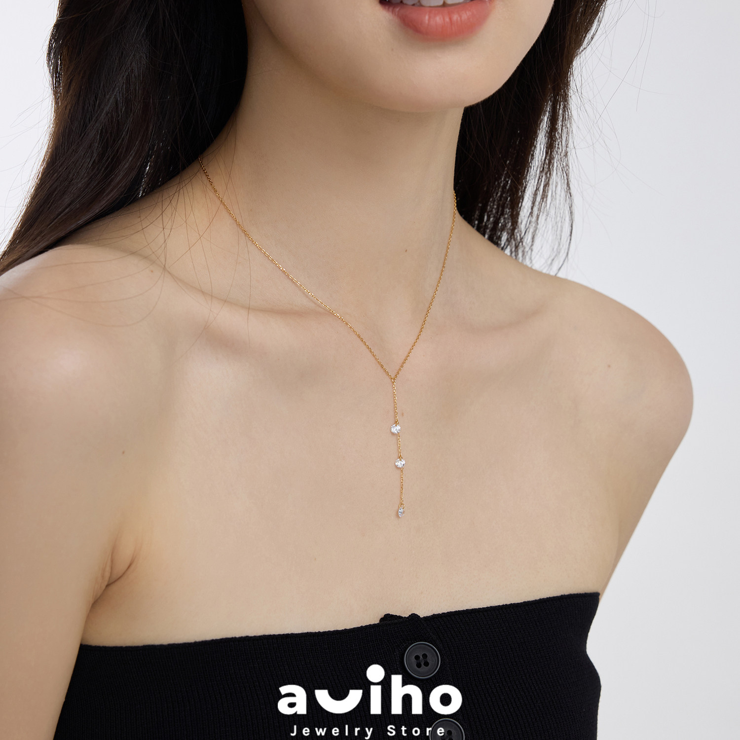 aviho s925纯银法式水滴裸钻流苏吊坠项链细闪14k金锁骨链