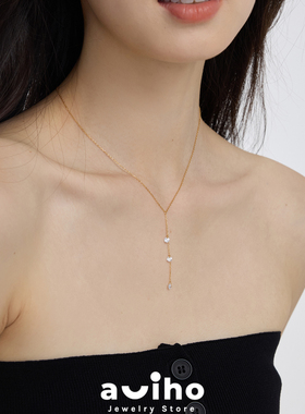 aviho s925纯银法式水滴裸钻流苏吊坠项链细闪14k金锁骨链