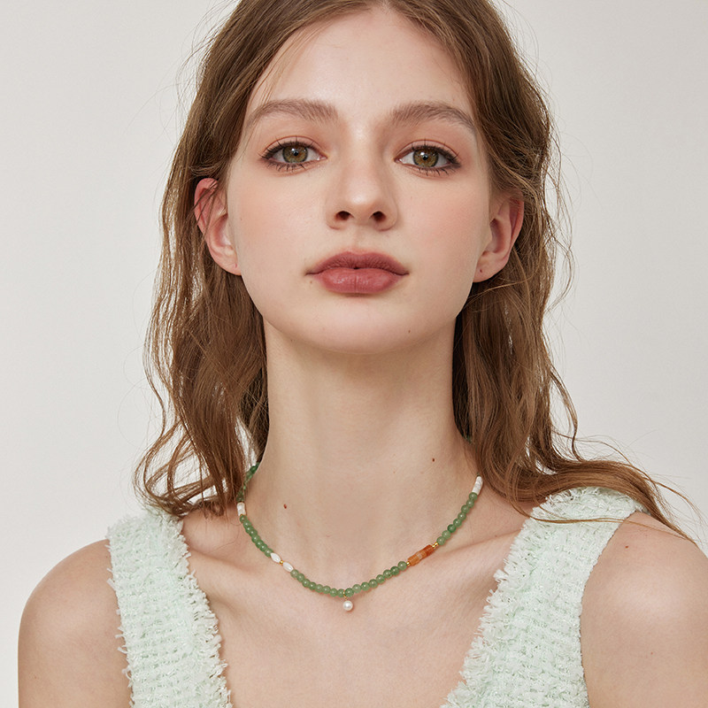 aviho 小众设计感小清新春夏东陵玉拼接天然母贝珍珠串珠叠戴项链