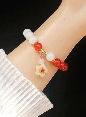 新中式红玛瑙花朵串珠手链弹力