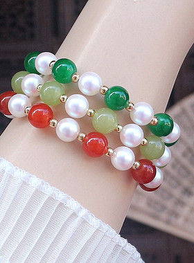 新中式红玛瑙珍珠手链绿玉髓手串