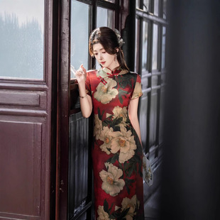 演出走秀旗袍高端大气长款花色大码修身时尚宴会喜婆婆上档次裙子