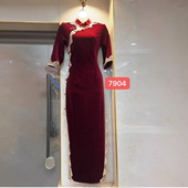 修身 年轻款 七分袖 新款 酒红黑色改良连衣裙子 金丝绒旗袍2026年秋季