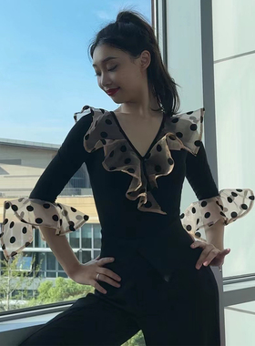 YHA舞服摩登舞上衣女士新款连体设计中袖国标舞拉丁舞练功服赛服