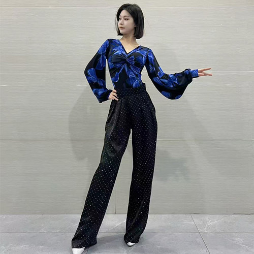 YHA摩登舞裤子黑色暗纹闪钻裤子