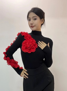 YHA舞服摩登舞连体女士上衣新款半高领高弹国标舞广场舞表演服