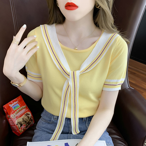 RM19224#短袖针织衫 夏季韩版甜美系带设计感小众冰丝t恤打底衫