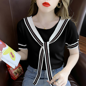 RM19224#短袖针织衫 夏季韩版甜美系带设计感小众冰丝t恤打底衫