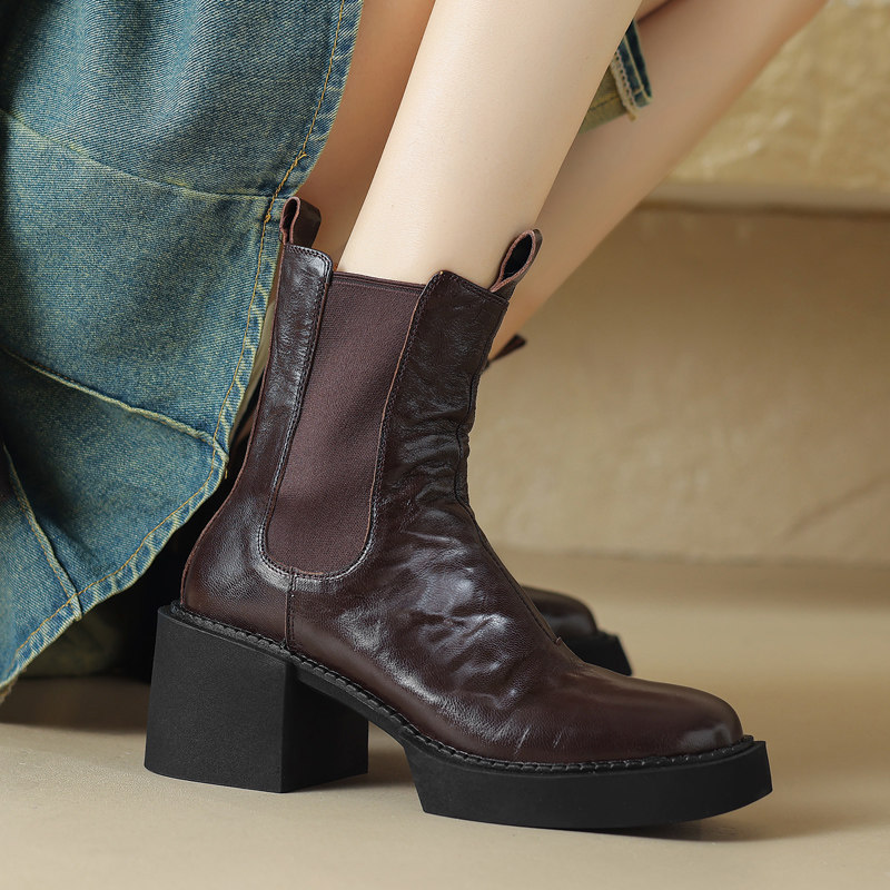 靴子2025年秋冬季新款韩版粗跟手抓羊皮女士短靴松紧带厚底烟筒靴,女鞋,烟筒靴,淘宝优惠券,粉丝福利购,淘宝优惠卷