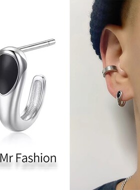 s925纯银黑色水滴耳环男士ins潮流个性酷帅耳钉冷淡风滴油C形耳饰