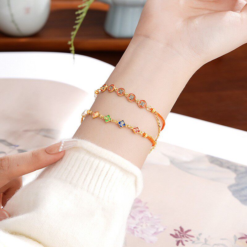 四叶草正圆珍珠手链女夏S925纯银新中式小众钱币手绳