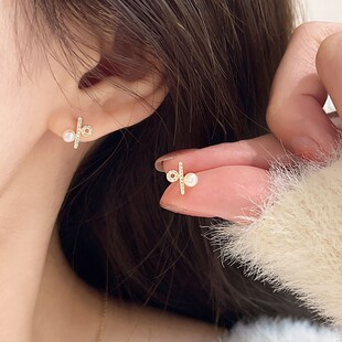 s925纯银百分比符号耳钉女淡水珍珠小众轻奢设计ins精致百搭耳饰