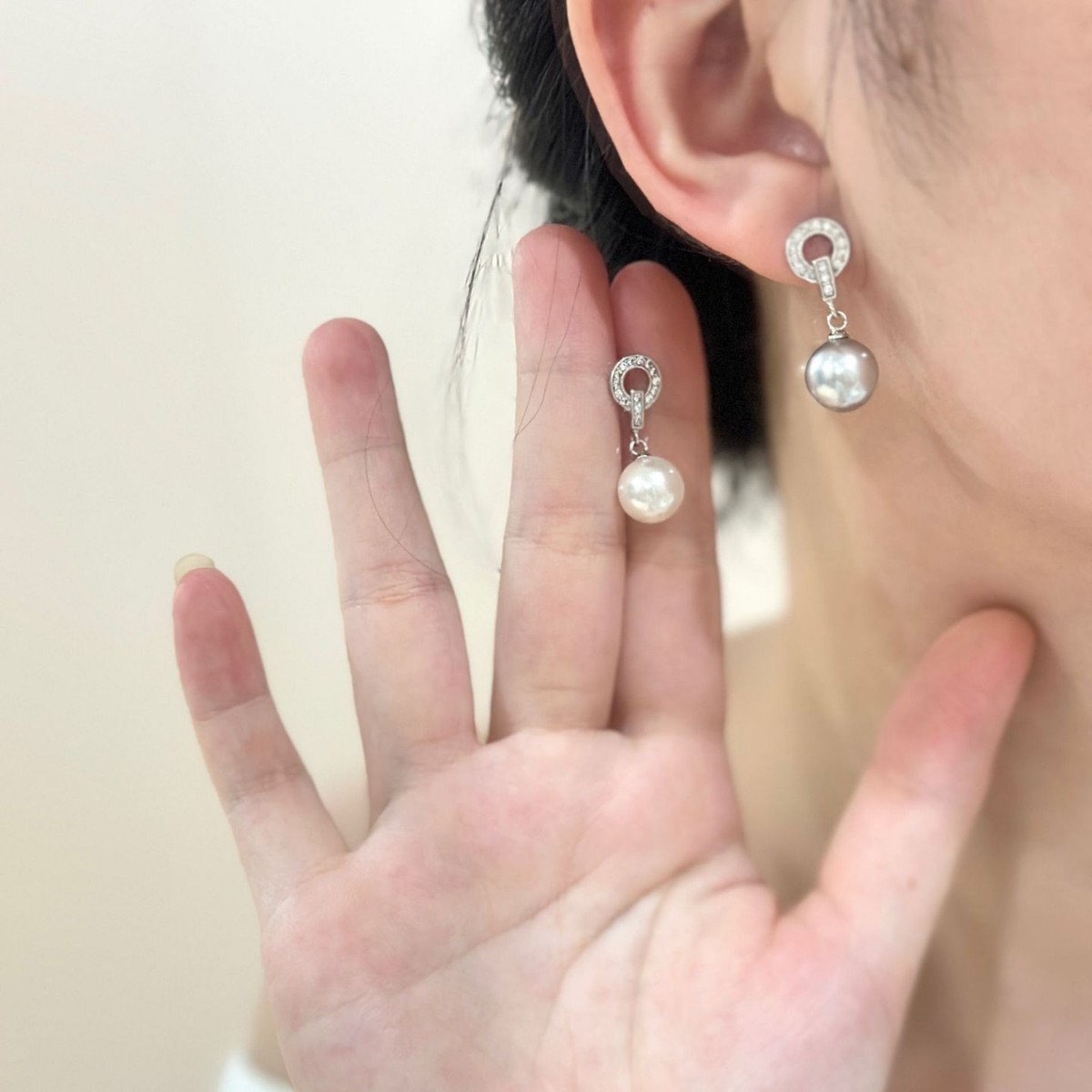 s925纯银施家珍珠满钻圆环耳钉女耳饰轻奢法式高级小众设计耳环