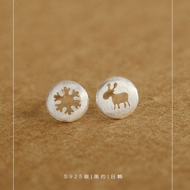 S925纯银耳钉小鹿雪花日韩镂空可