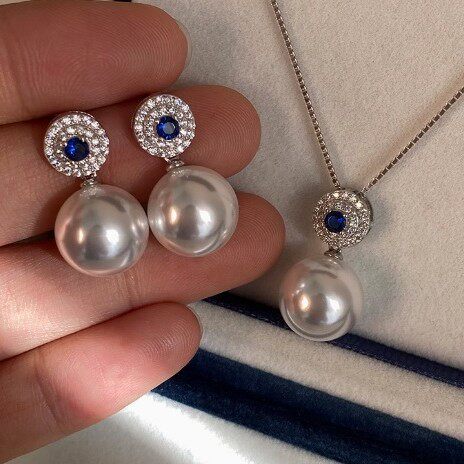 s925纯银冷光施家珍珠蓝宝石戴妃吊坠项链女高档轻奢精工银针耳钉