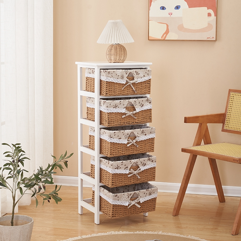 收纳柜木制简约床头柜现代编织抽屉家用储物柜置物架网红多层斗柜