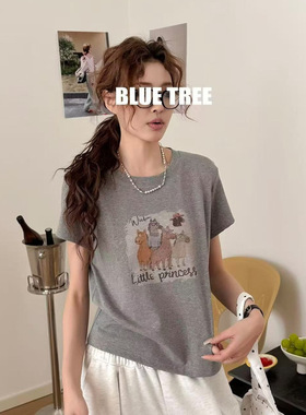 BLUE TREE蓝树正品夏季新款圆领女式T恤时尚卡通薄棉小衫宽松舒适