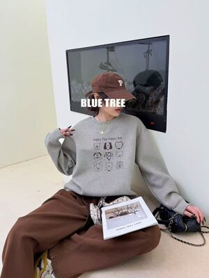 BLUETREE2026春季新款线条小动物时尚韩版宽松圆领卫衣沐棉上衣潮