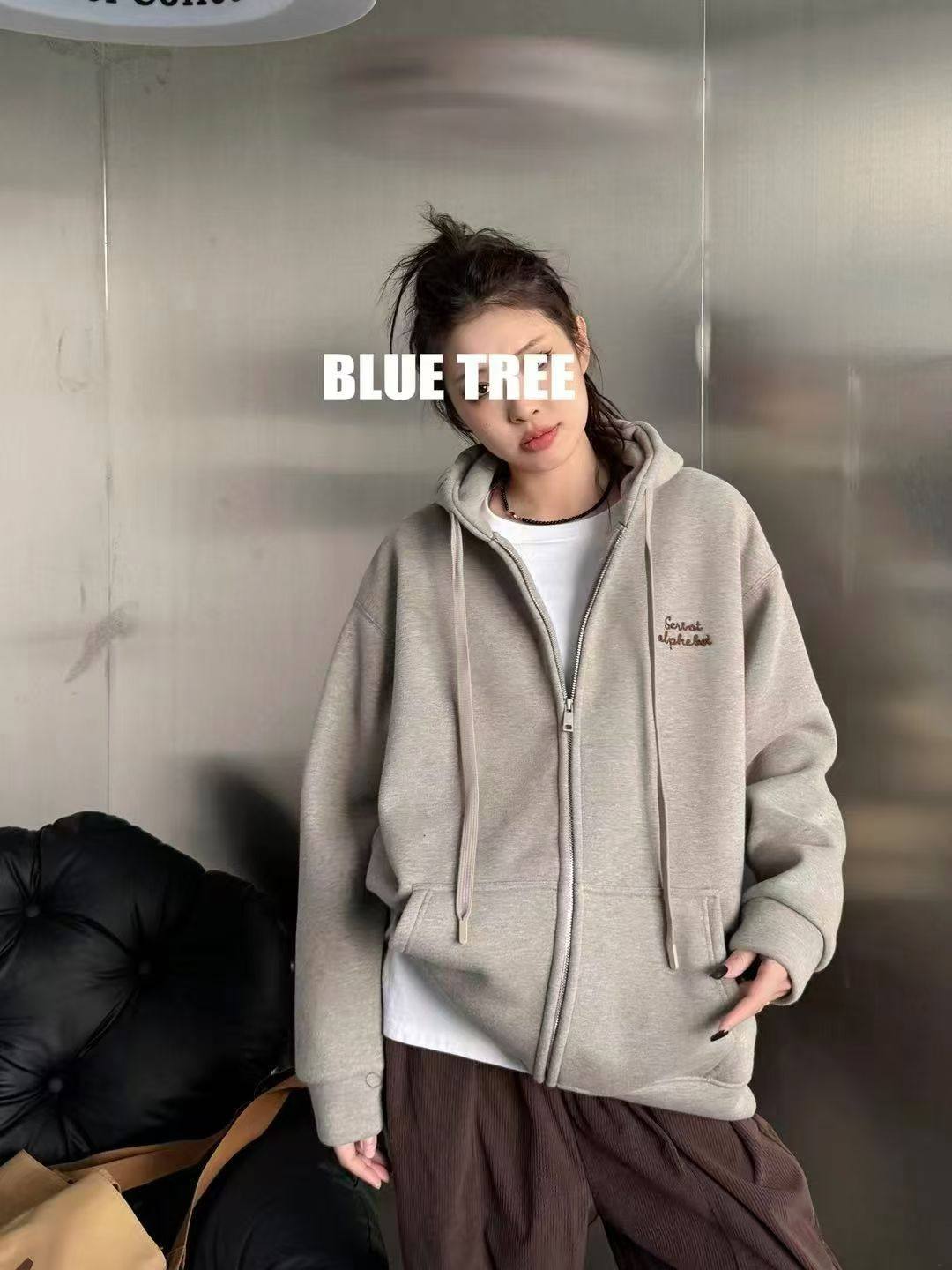 BLUETREE2025冬新款连帽拉链卫衣加绒加厚外套女宽松休闲上衣百搭